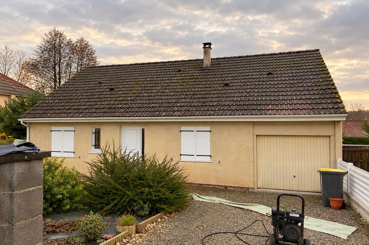 Avant traitement : pavillon avec garage : toiture envahie par la mousse, puis rénovée