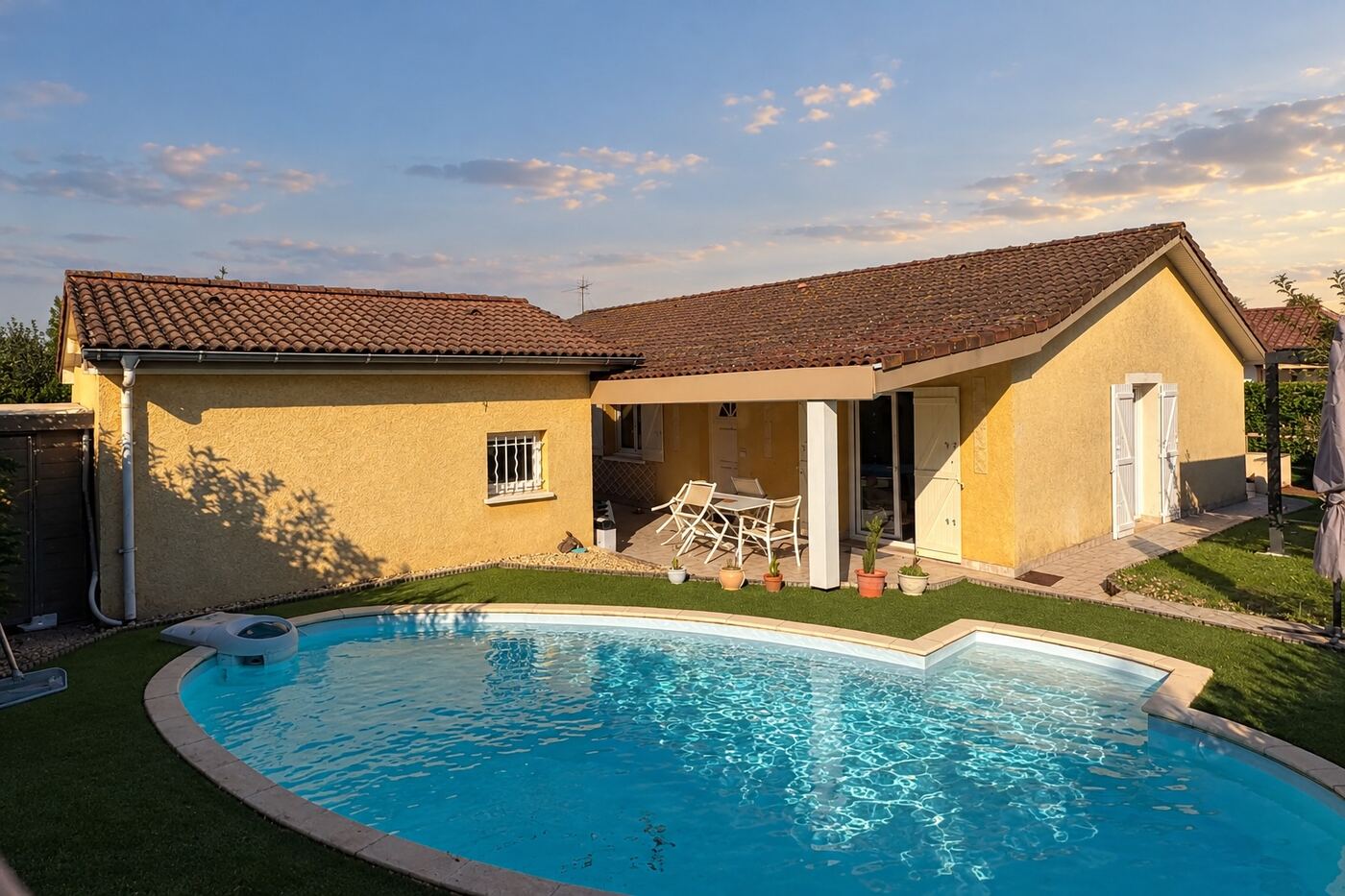 Avant traitement : maison de plain-pied en tuiles béton : du brun délavé à un rouge franc