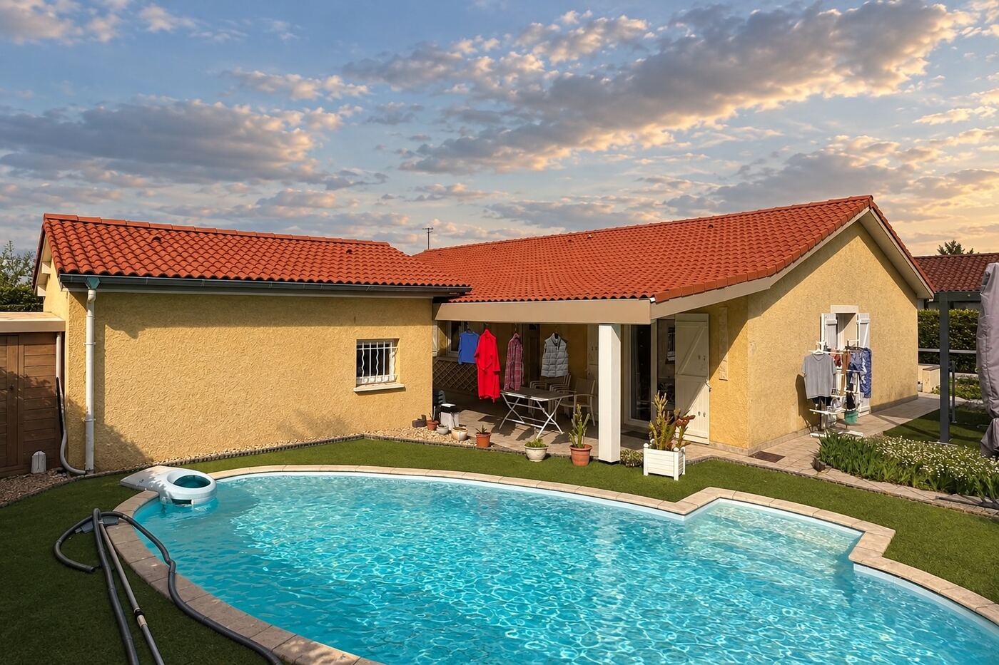Après rénovation : maison de plain-pied en tuiles béton : du brun délavé à un rouge franc